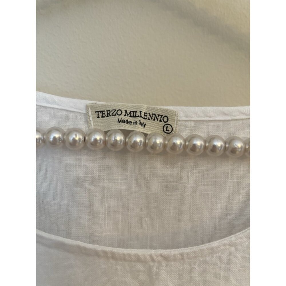 Terzo Millennio Womens Size Large White Linen Top Short Sleeve Crochet Trim - Picture 5 of 6